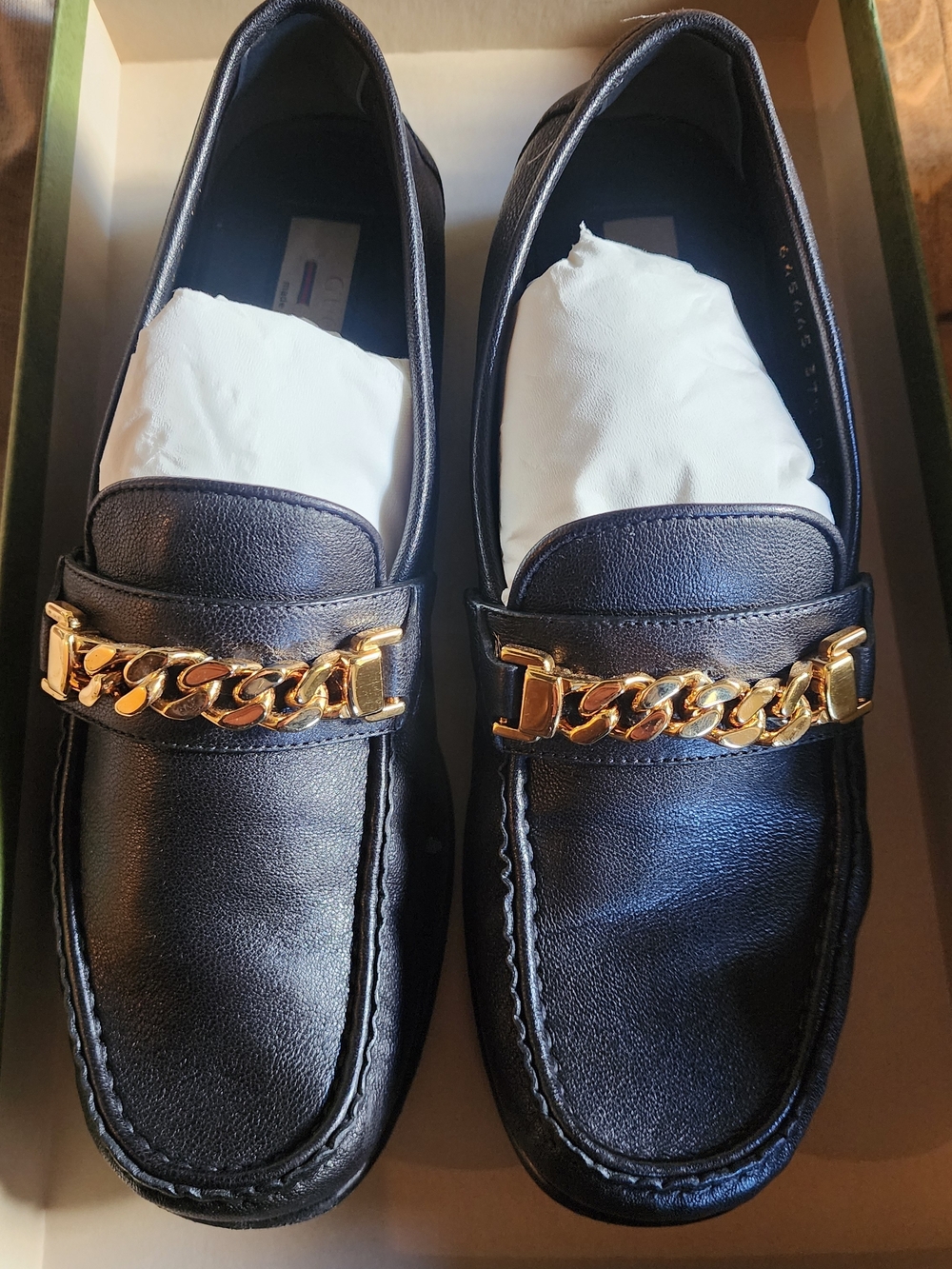 Gucci Black Leather Loafers with Gold Chain Hardware